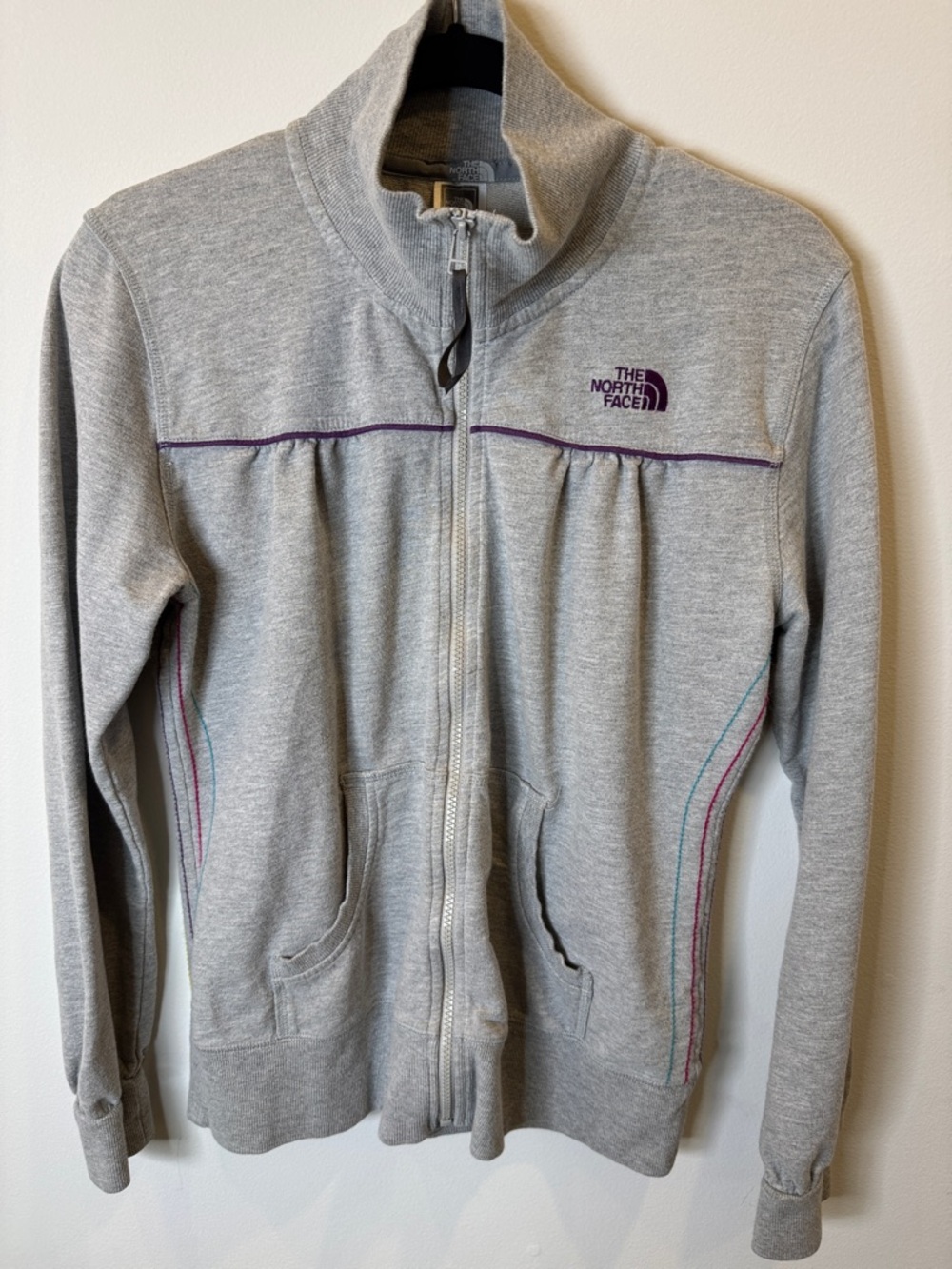 The North Face Light Gray Full-Zip Jacket with Purple Logo